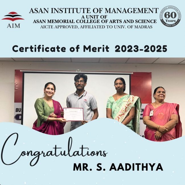 Recognition of Outstanding Academic performance in the subject – Mr S Aadithya