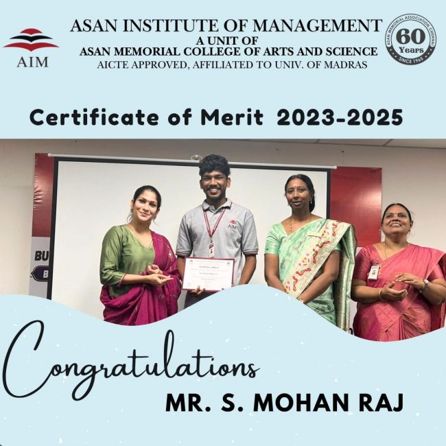 Recognition of Outstanding Academic performance in the subject – Mr S Mohan Raj