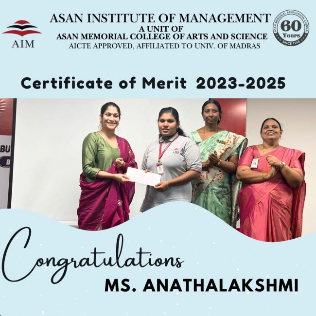 Recognition of Outstanding Academic performance in the subject – Ms Anathalakshmi