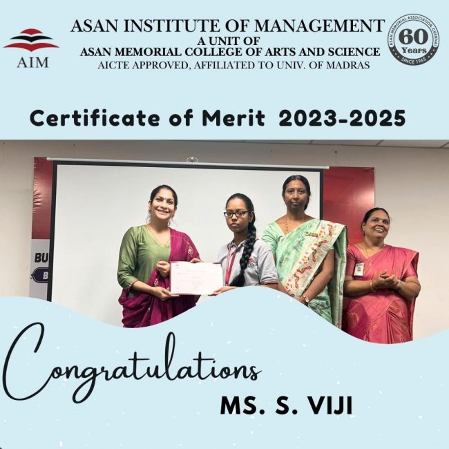 Recognition of Outstanding Academic performance in the subject – Ms S Viji